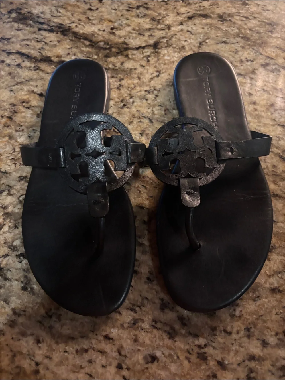 Tory Burch Black Leather Logo Thong Sandals